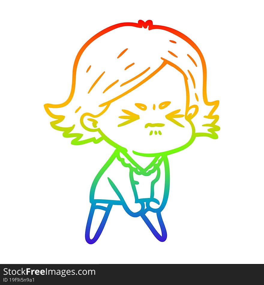 rainbow gradient line drawing of a cartoon angry woman