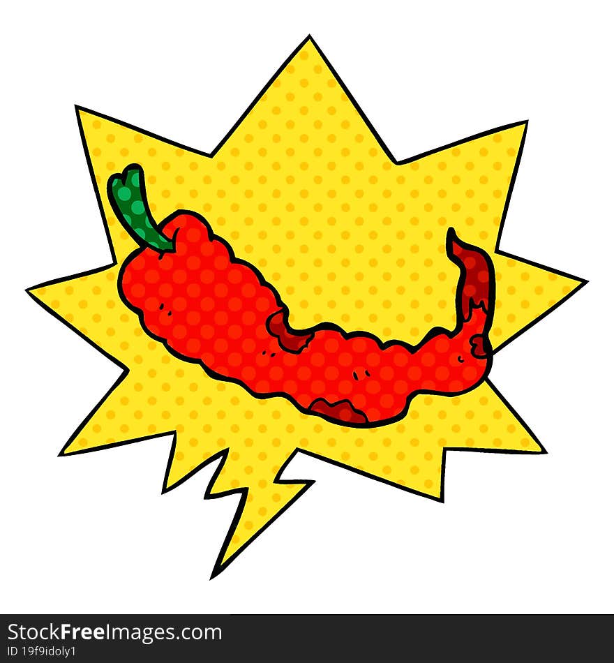 cartoon chili pepper and speech bubble in comic book style