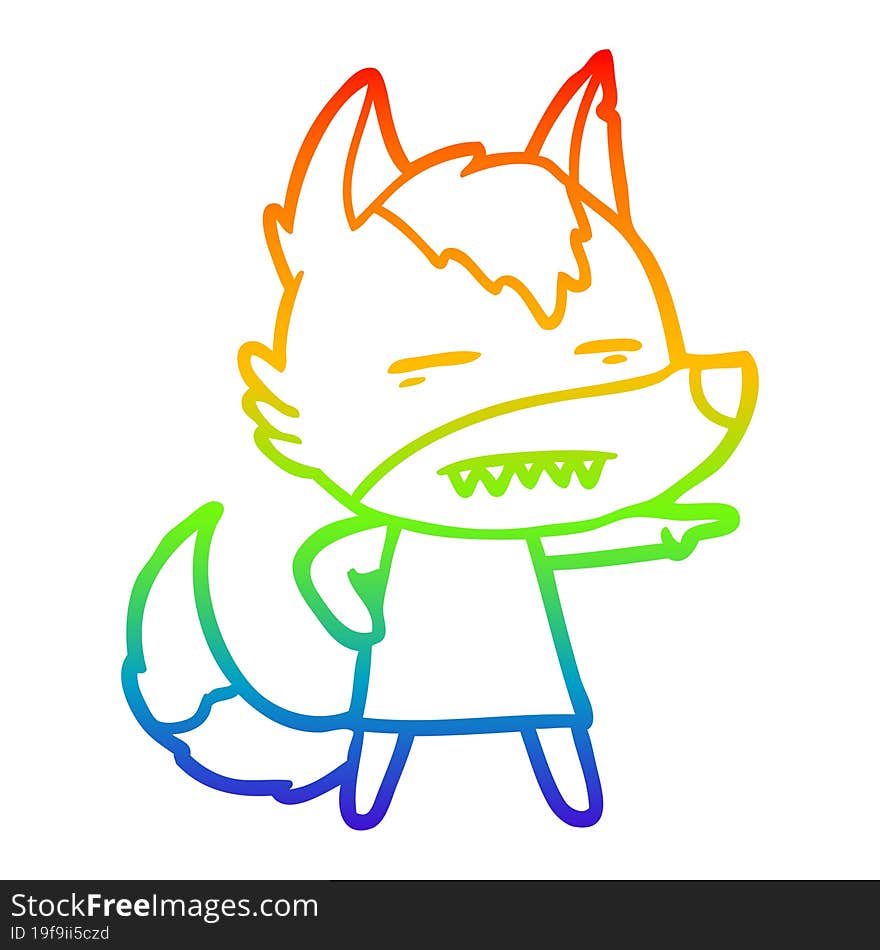 rainbow gradient line drawing cartoon wolf showing teeth