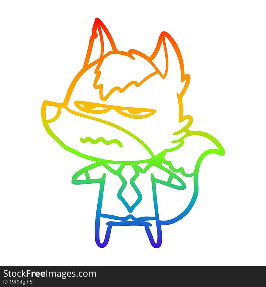 Rainbow Gradient Line Drawing Cartoon Annoyed Wolf