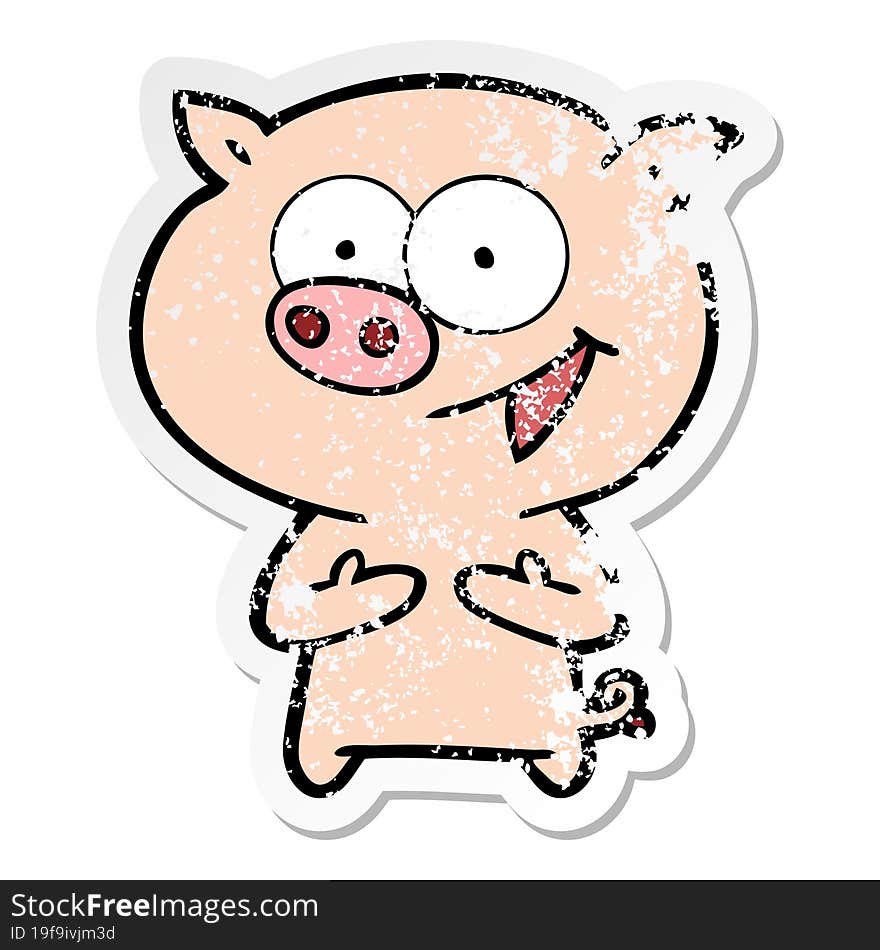 distressed sticker of a cheerful pig cartoon