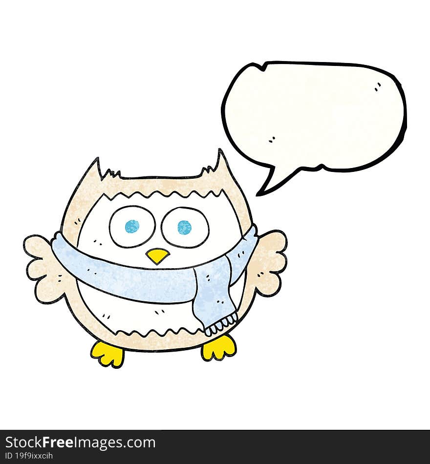 speech bubble textured cartoon owl wearing scarf