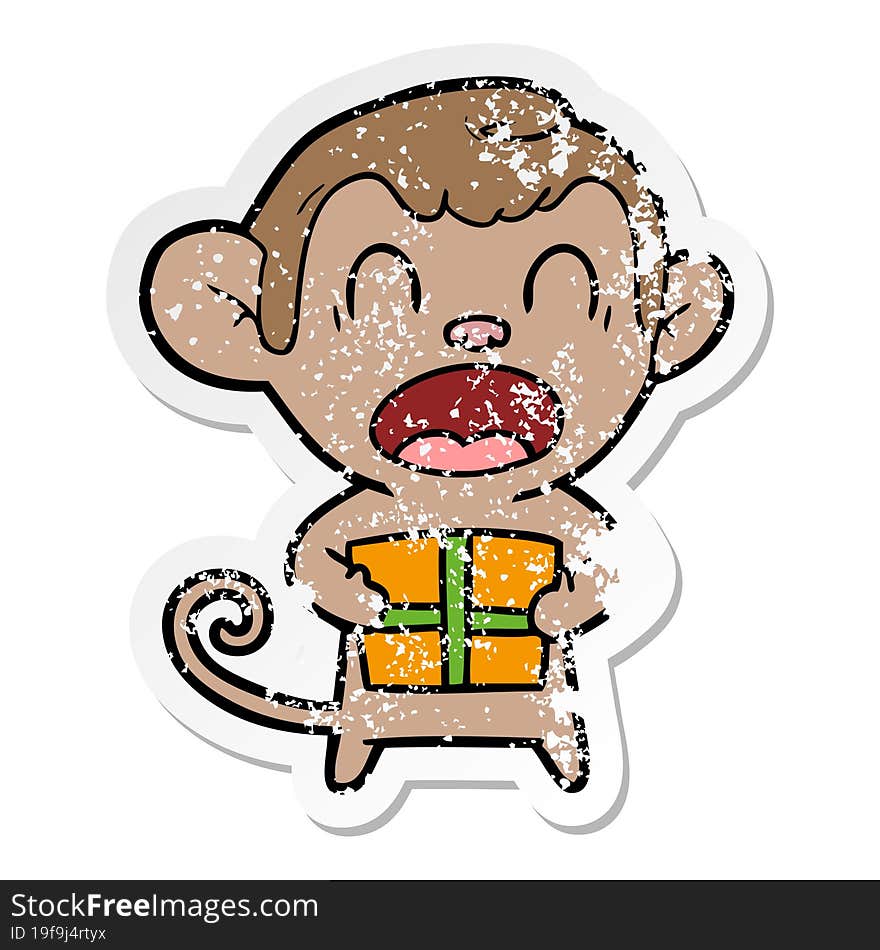 distressed sticker of a shouting cartoon monkey carrying christmas gift