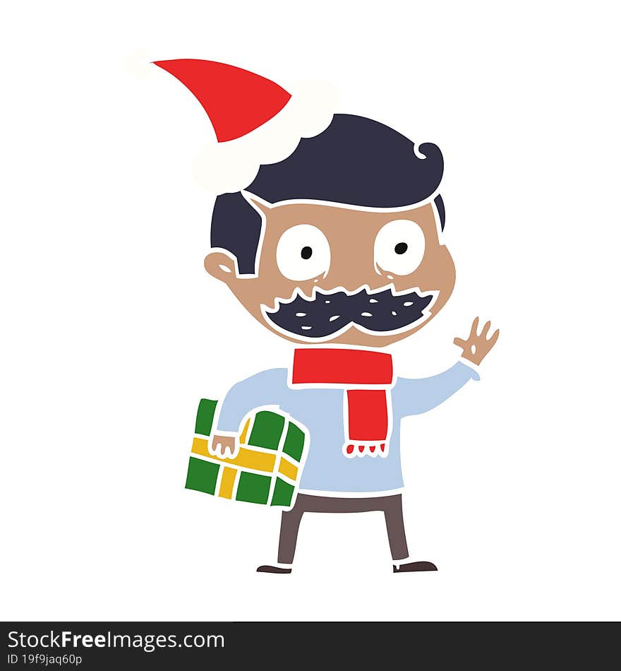 hand drawn flat color illustration of a man with mustache and christmas present wearing santa hat