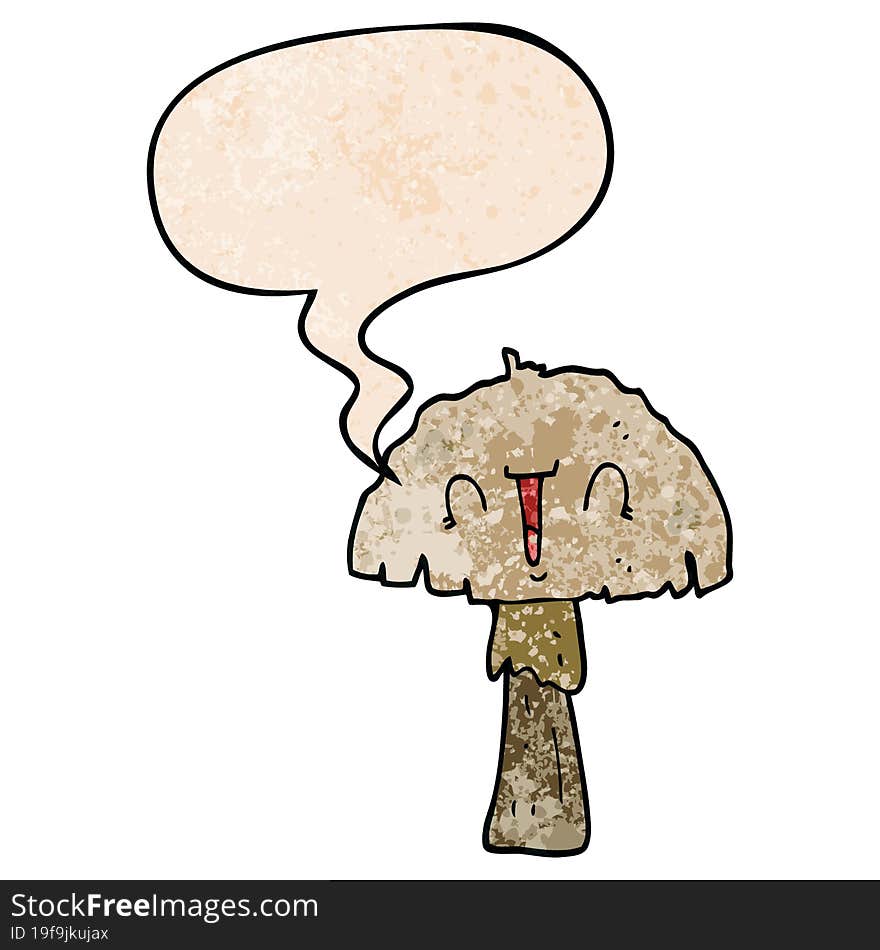 cartoon mushroom with speech bubble in retro texture style