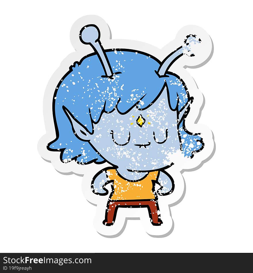 distressed sticker of a cartoon alien girl