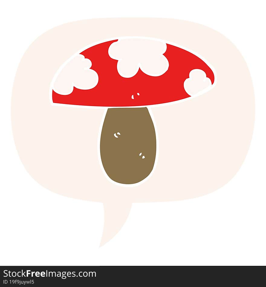 cartoon mushroom with speech bubble in retro style