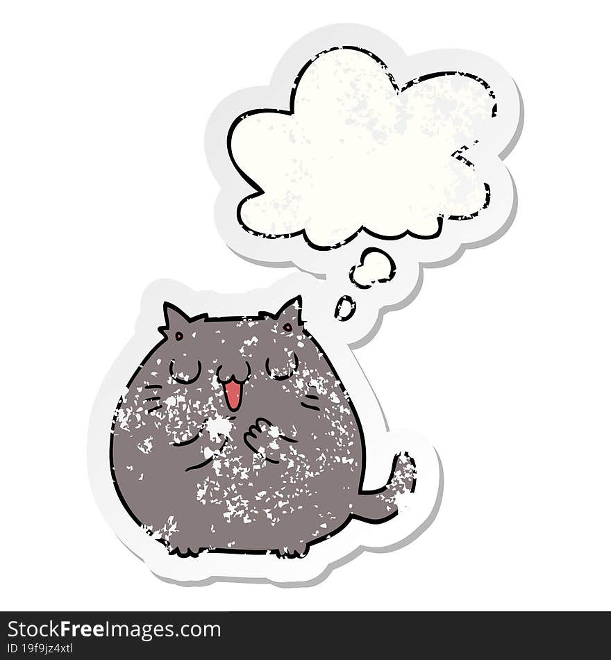 happy cartoon cat and thought bubble as a distressed worn sticker