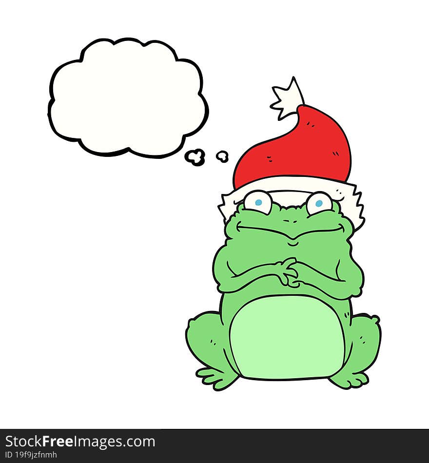 freehand drawn thought bubble cartoon frog wearing christmas hat