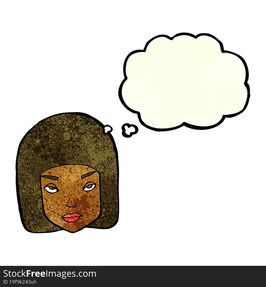 cartoon annoyed female face with thought bubble