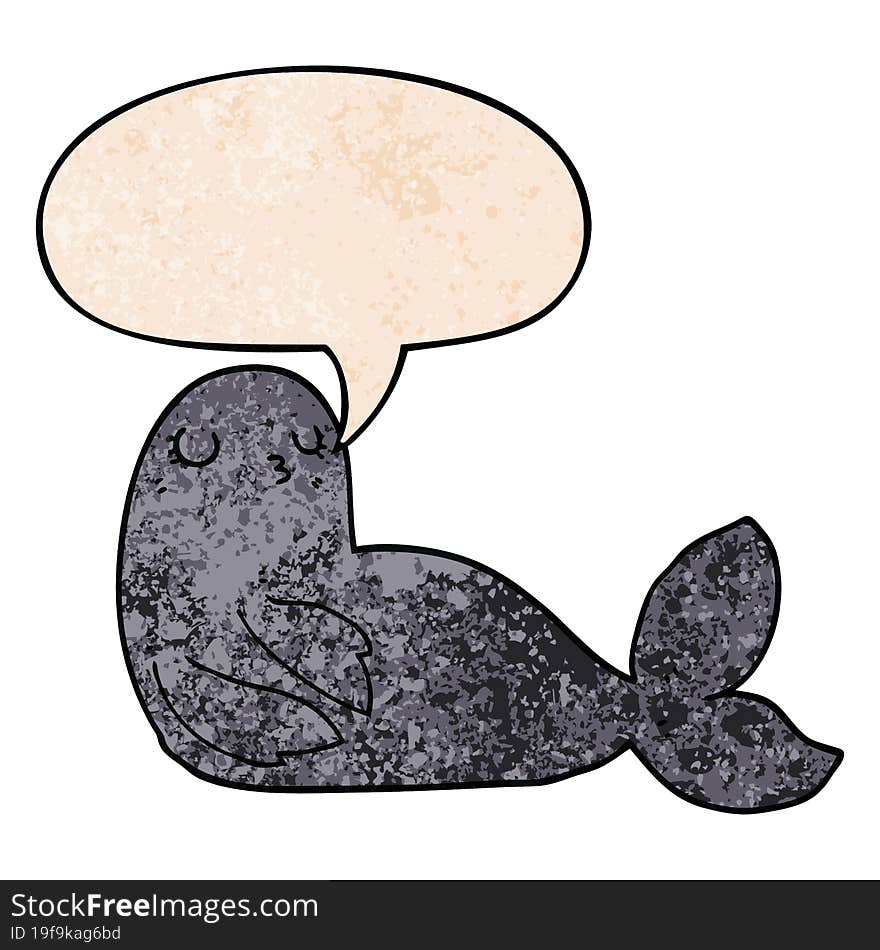 cartoon seal and speech bubble in retro texture style