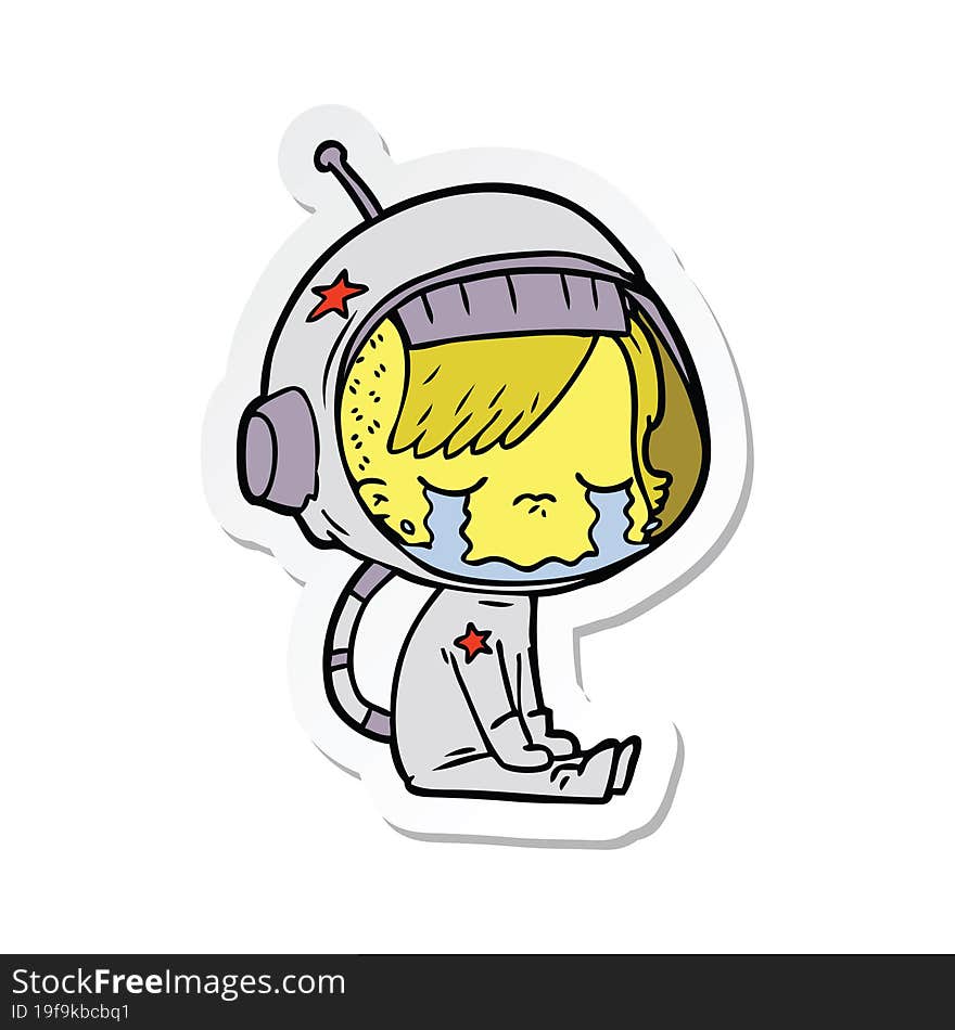 sticker of a cartoon crying astronaut girl sitting