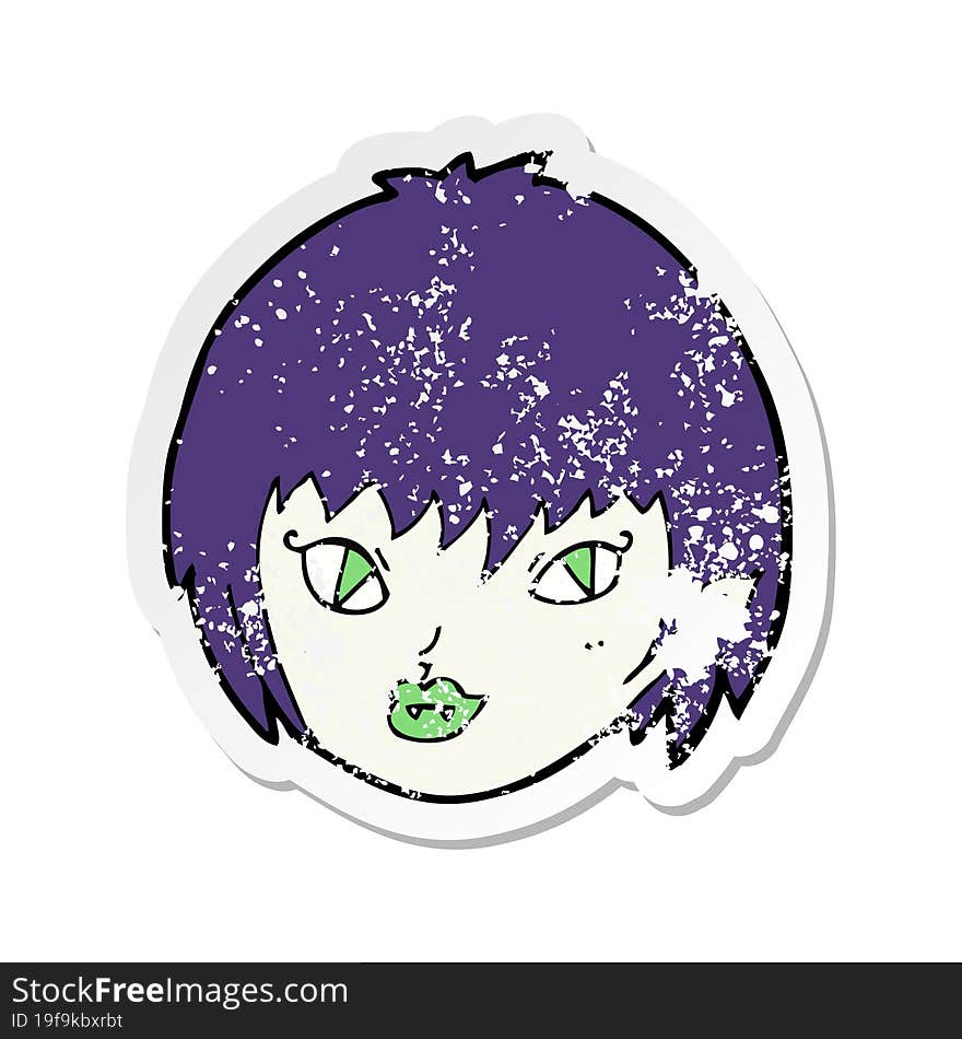 retro distressed sticker of a cartoon vampire girl face