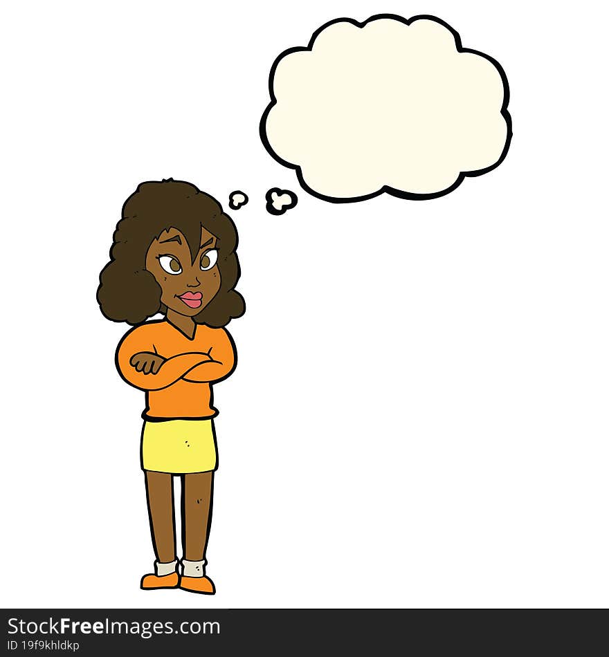 cartoon woman with crossed arms with thought bubble