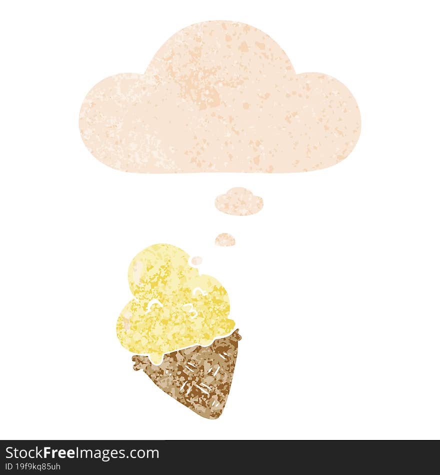 Cartoon Ice Cream And Thought Bubble In Retro Textured Style