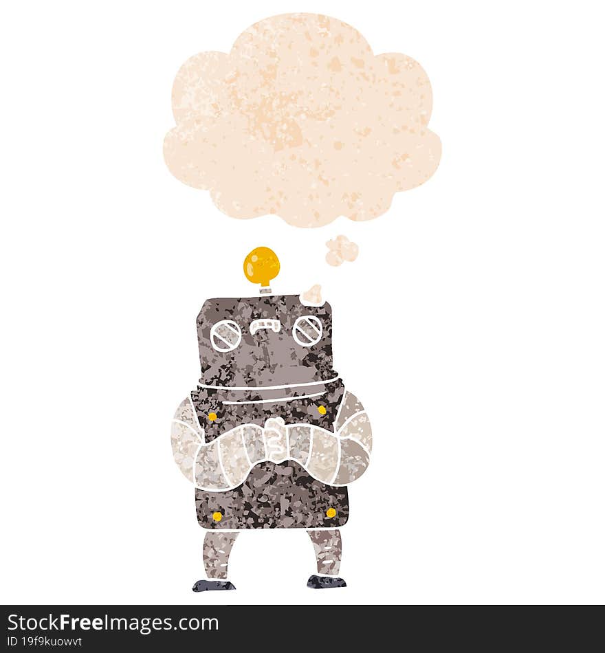 cartoon robot and thought bubble in retro textured style