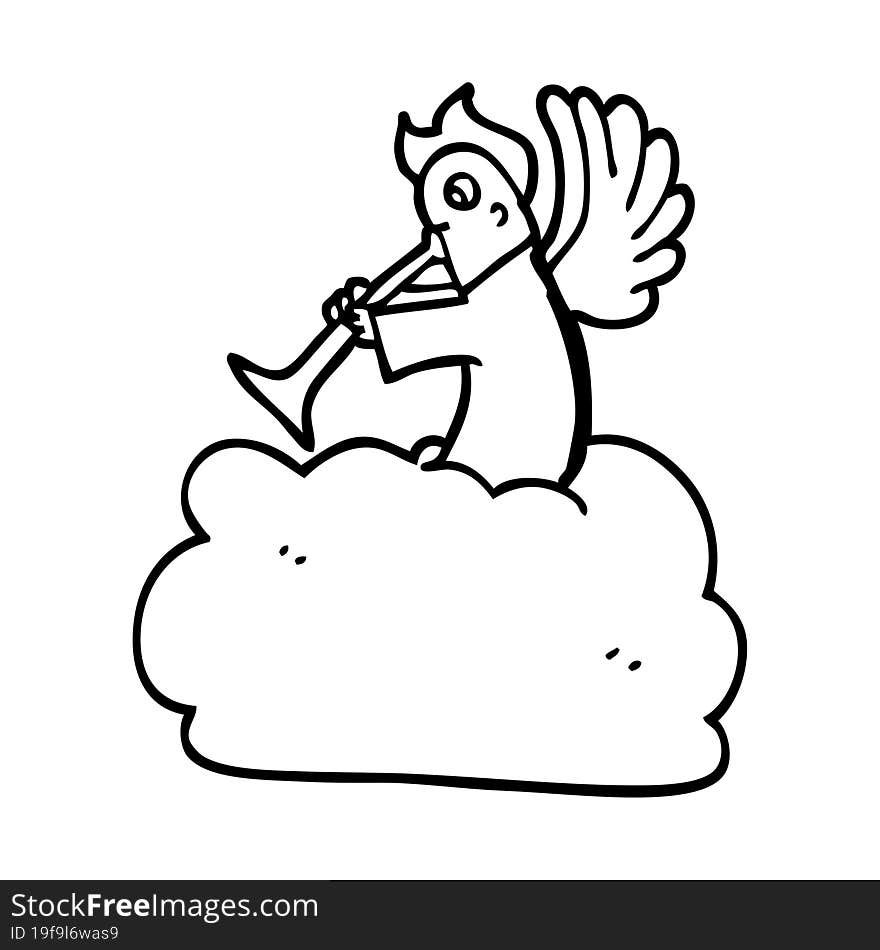 line drawing cartoon angel on cloud with trumpet