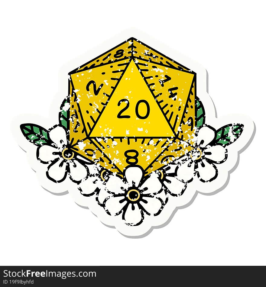 traditional distressed sticker tattoo of a d20