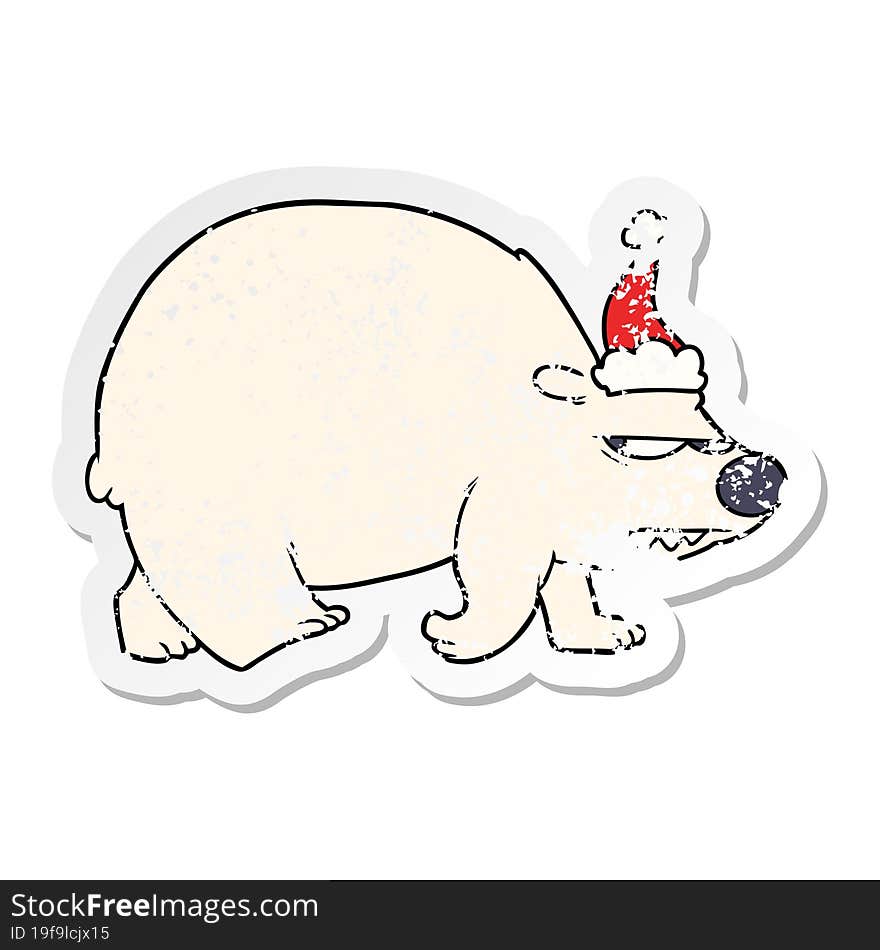 distressed sticker cartoon of a angry polar bear wearing santa hat