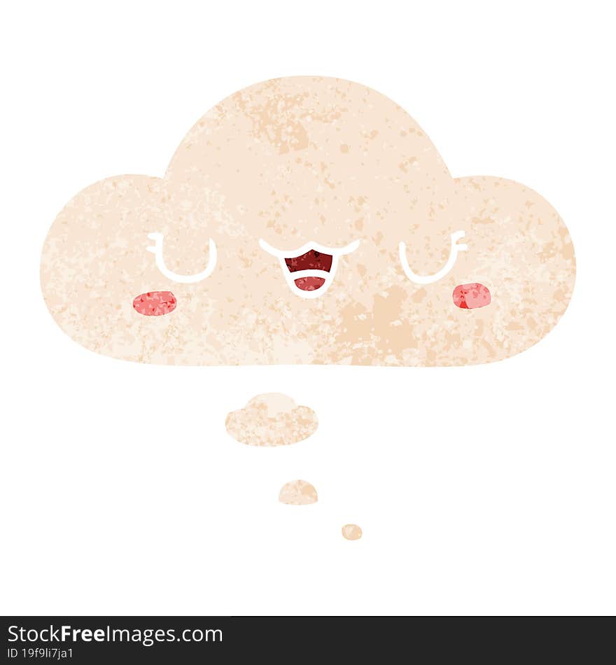 cute cartoon face and thought bubble in retro textured style