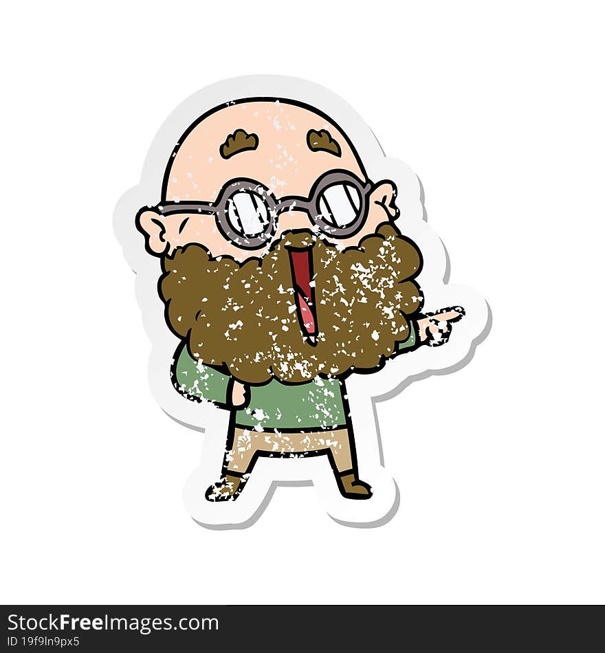 distressed sticker of a cartoon joyful man with beard pointing finger