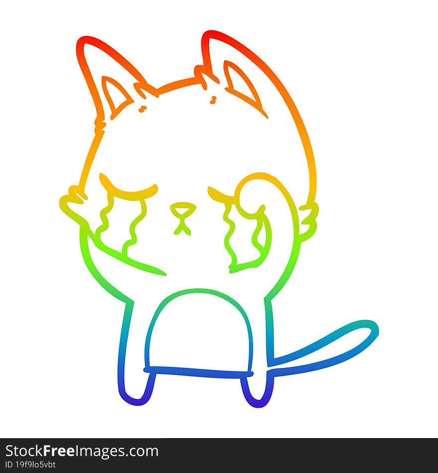 rainbow gradient line drawing crying cartoon cat