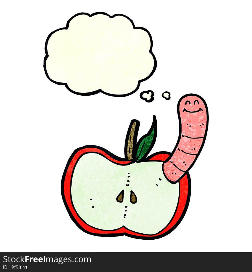 cartoon apple with worm with thought bubble