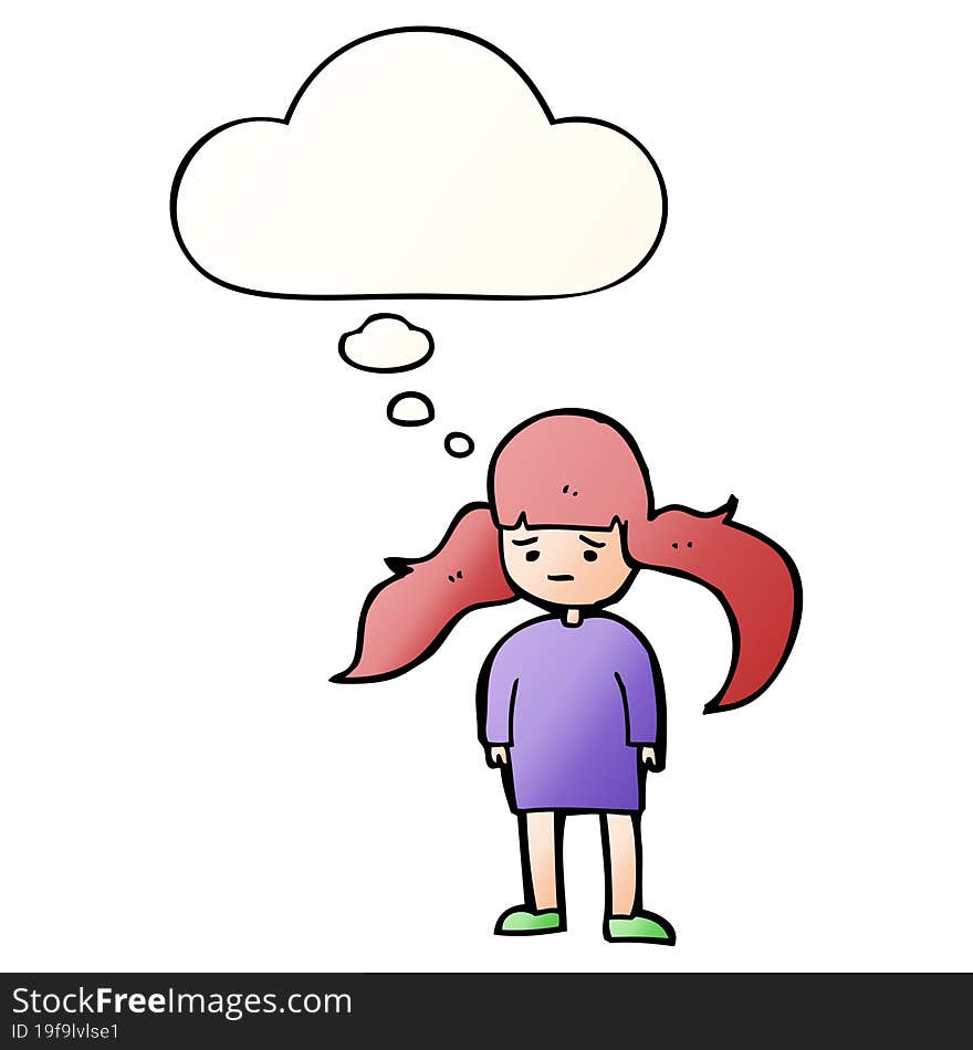 cartoon girl with long hair with thought bubble in smooth gradient style