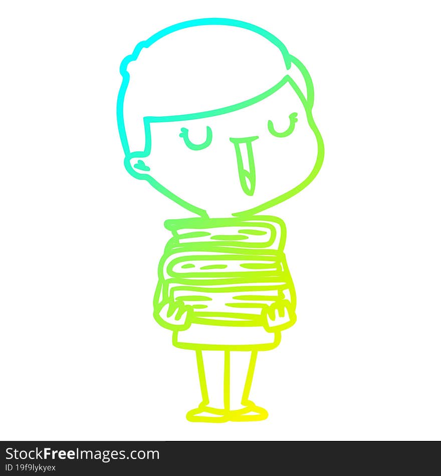 Cold Gradient Line Drawing Cartoon Happy Boy With Stack Of Books