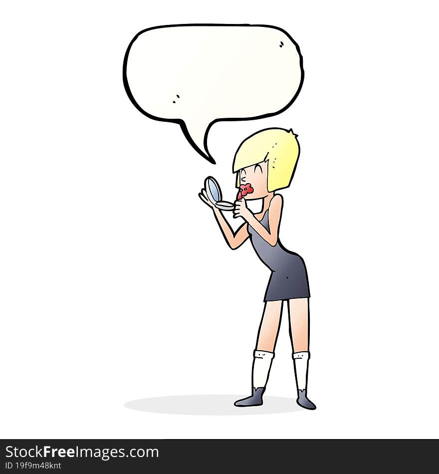 cartoon woman applying lipstick with speech bubble