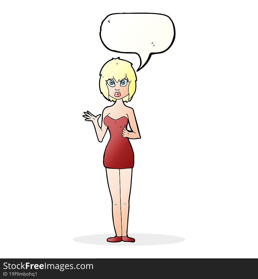 cartoon confused woman in cocktail dress with speech bubble