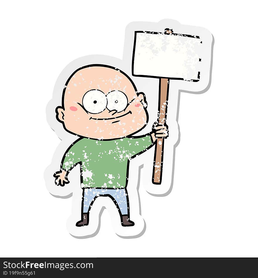 distressed sticker of a cartoon bald man staring with sign