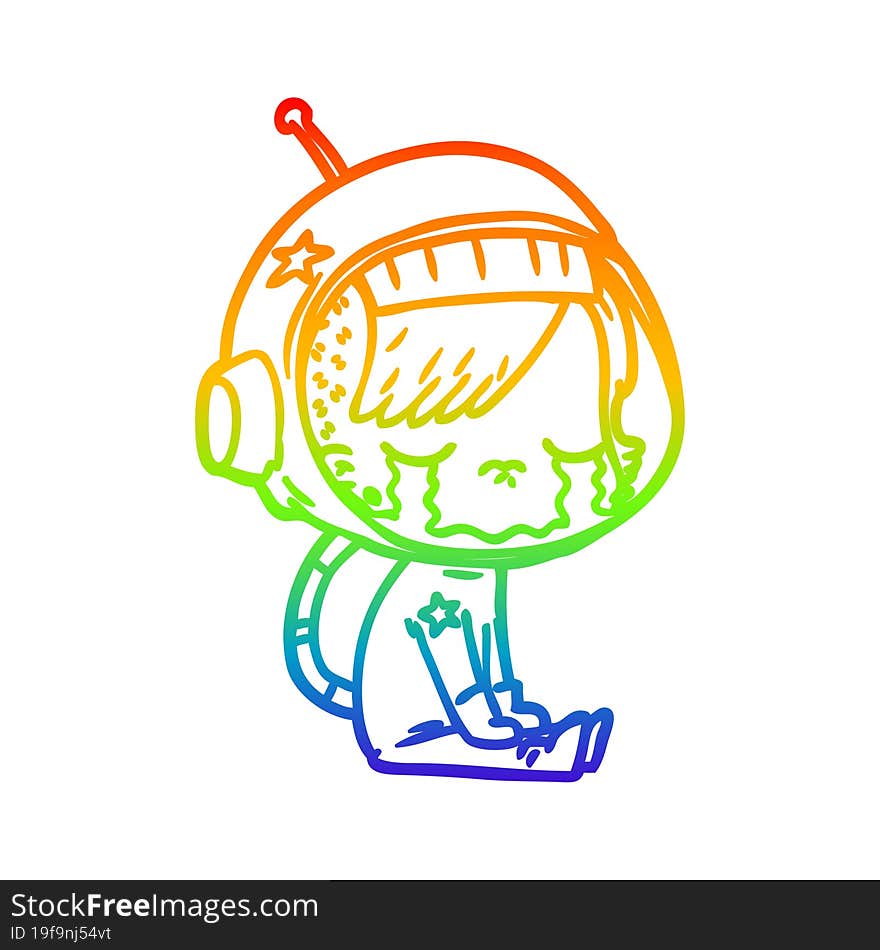 rainbow gradient line drawing cartoon crying astronaut girl sitting