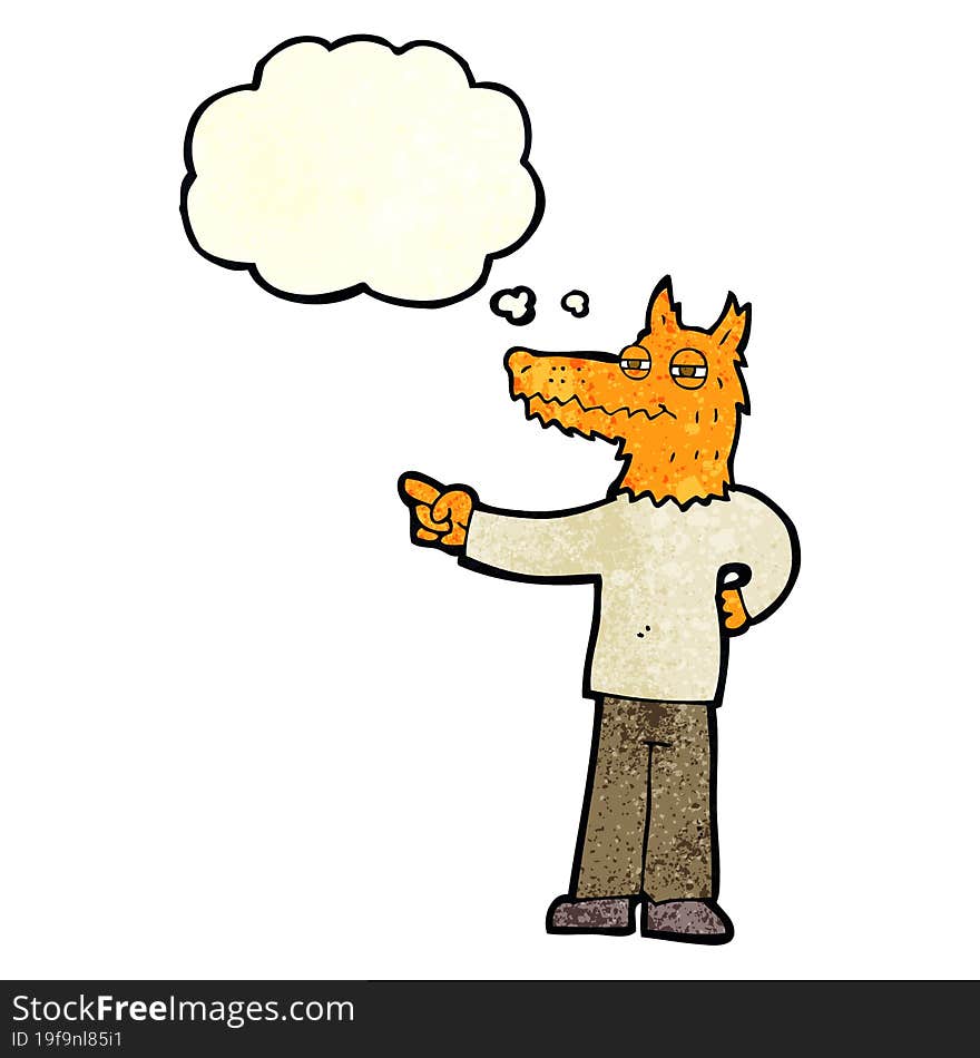 cartoon pointing fox man with thought bubble