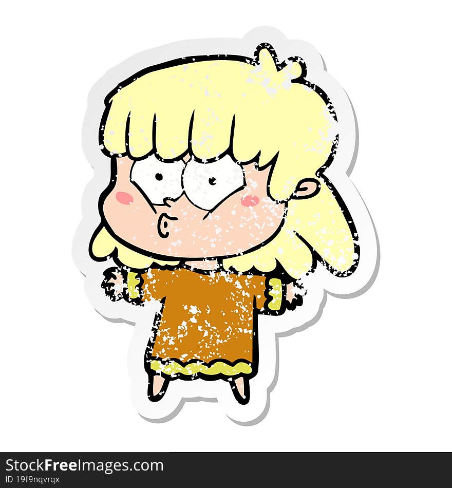 distressed sticker of a cartoon whistling girl