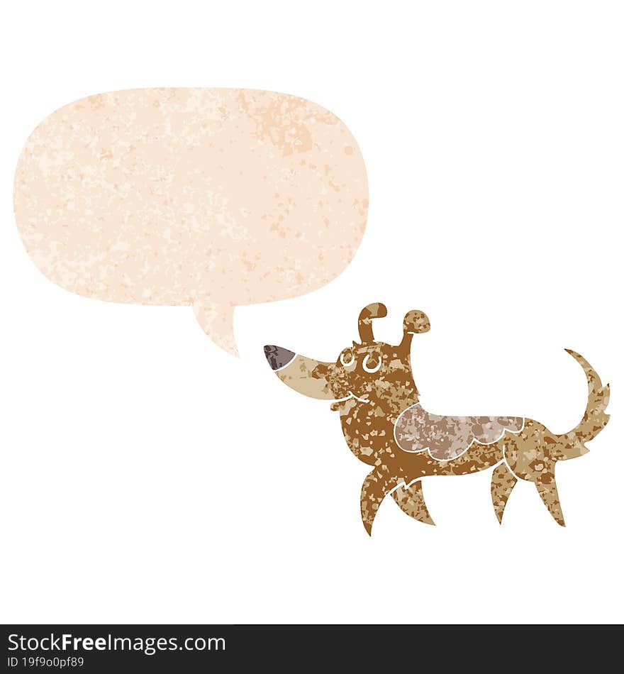 cartoon dog and speech bubble in retro textured style