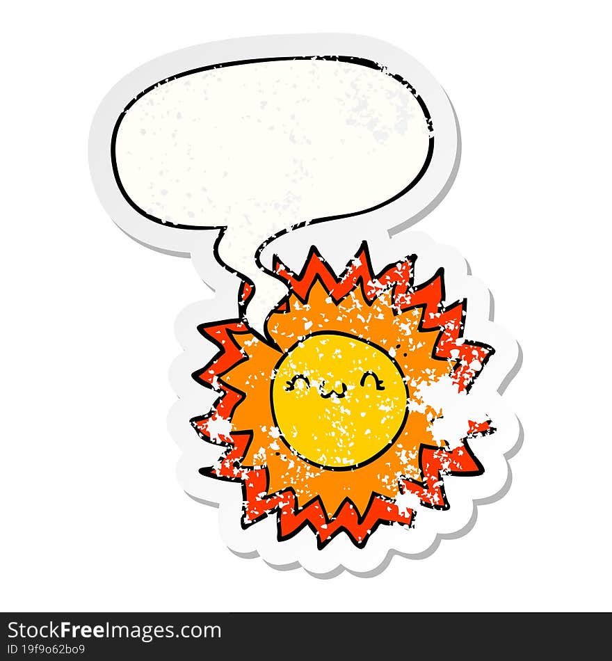 cartoon sun with speech bubble distressed distressed old sticker. cartoon sun with speech bubble distressed distressed old sticker