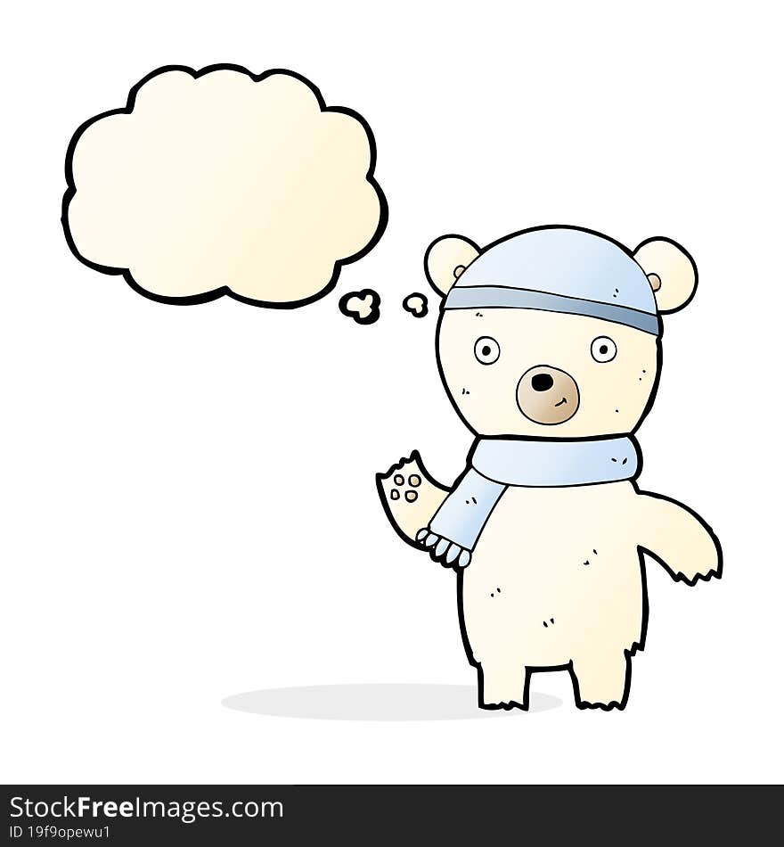 cartoon waving polar bear with thought bubble