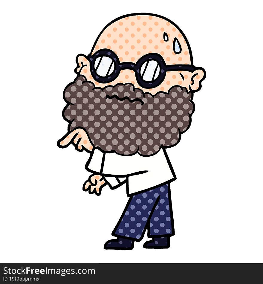 cartoon worried man with beard and spectacles pointing finger. cartoon worried man with beard and spectacles pointing finger