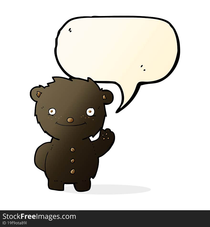 cartoon waving black bear with speech bubble