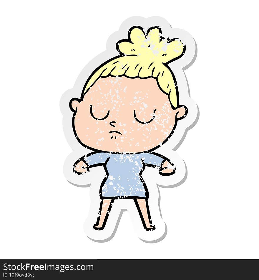 Distressed Sticker Of A Cartoon Calm Woman