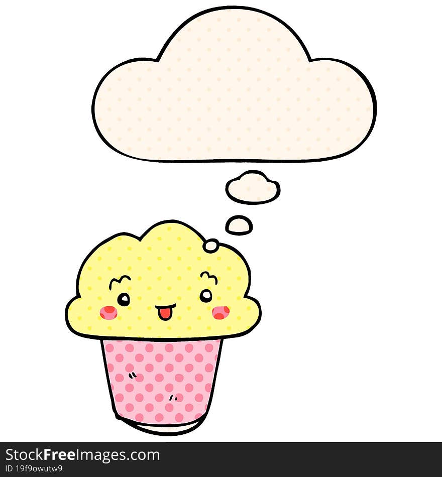 cartoon cupcake with face with thought bubble in comic book style