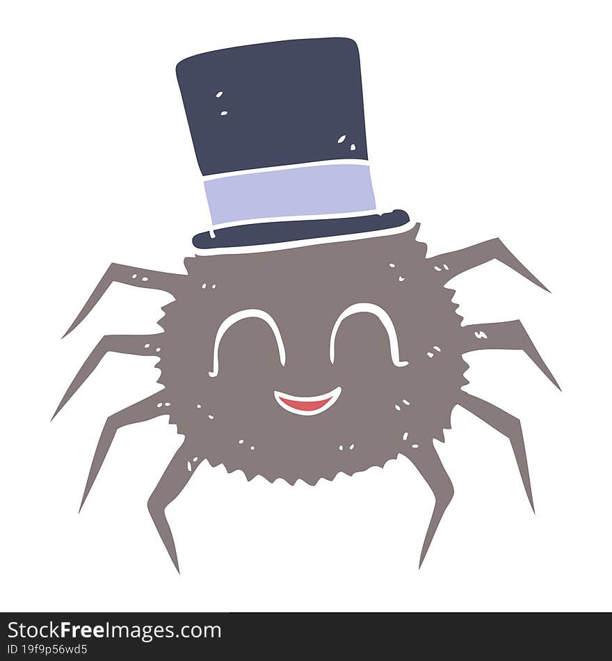 flat color illustration of a cartoon spider wearing top hat