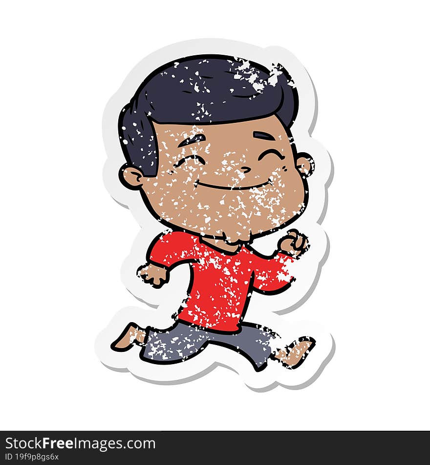 distressed sticker of a happy cartoon man running