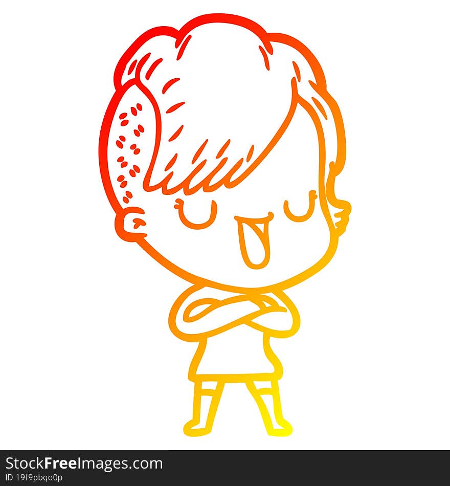 warm gradient line drawing of a cute cartoon girl with hipster haircut