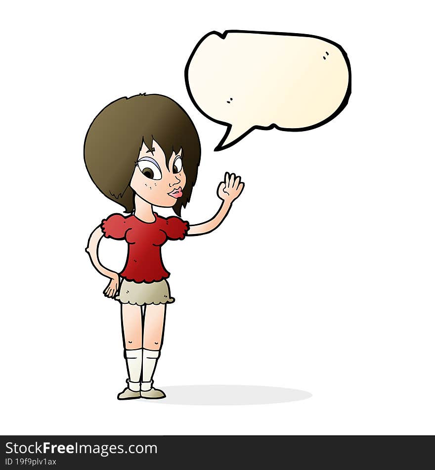 Cartoon Pretty Woman Waving With Speech Bubble