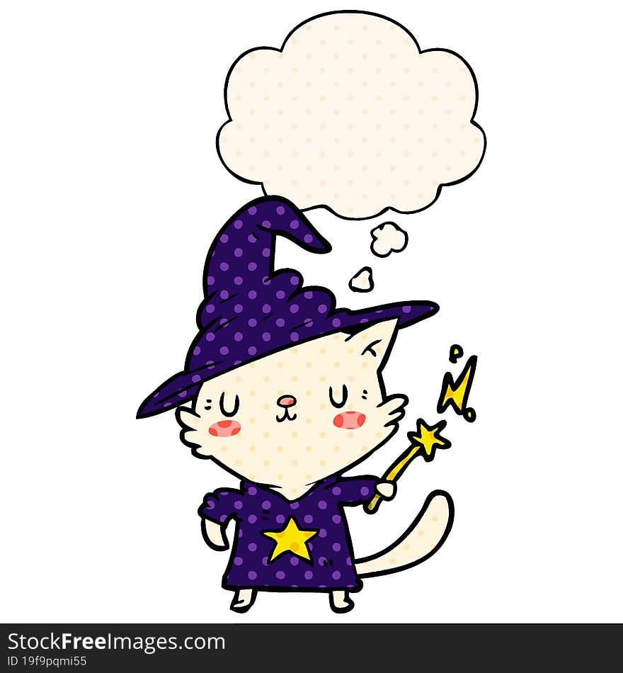 cartoon cat wizard and thought bubble in comic book style