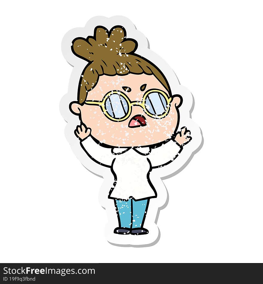 distressed sticker of a cartoon annoyed woman