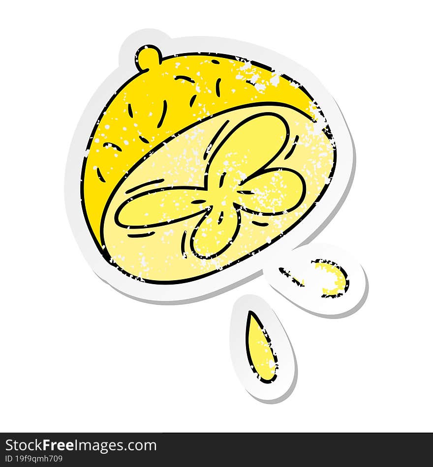 distressed sticker of a quirky hand drawn cartoon lemon