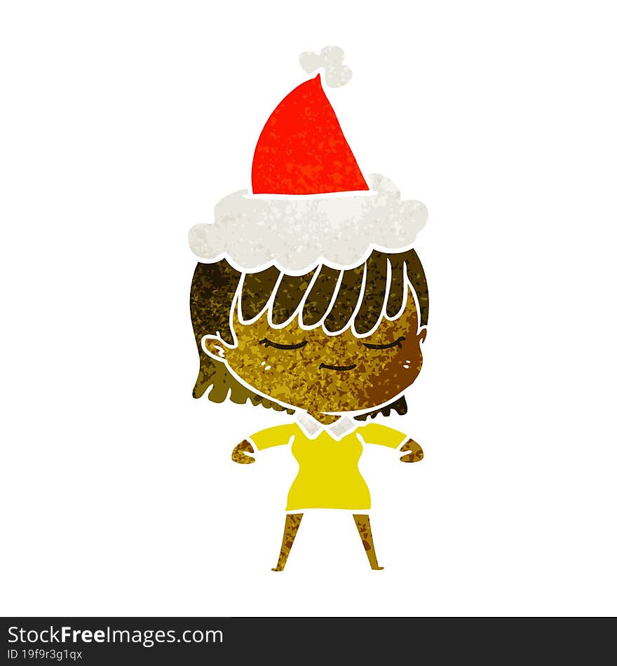 hand drawn retro cartoon of a woman wearing santa hat